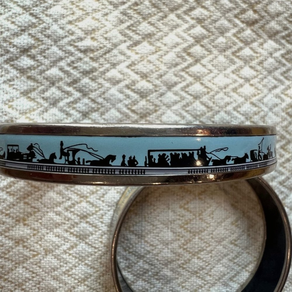 Hermes Enamel Patterned Blue, Black, and Silver Bangle Bracelet